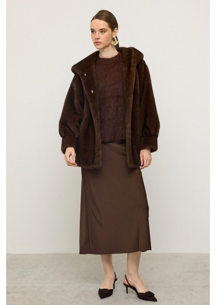 Kapüşonlu Kürk Görünümlü Exclusive Uzun Ceket K. Kahve 1008