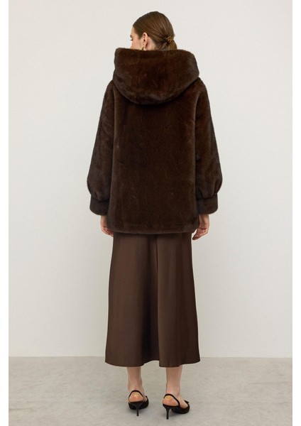 Kapüşonlu Kürk Görünümlü Exclusive Uzun Ceket K. Kahve 1008