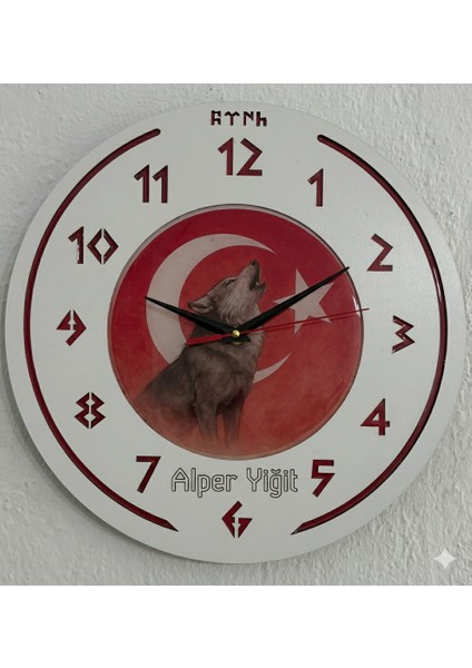 Kişiye Özel Isimli Bozkurt ve Türk Bayraklı Epoksi Saat | Göktürkçe Rakamlı | Milli Tasarım | 35 cm