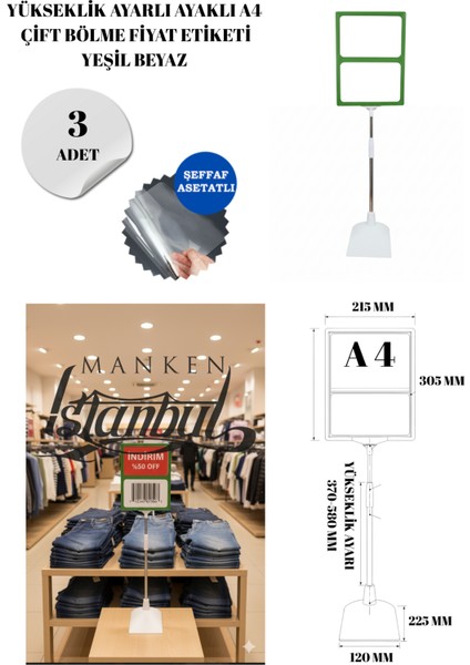 3 Adet Yeşil Beyaz A4 Yükseklik Ayarlı Çift Bölme Ayaklı Fıyat Etiketi Çerçeveli Fıyat Etiketi