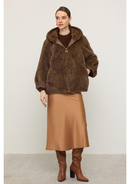 Kapüşonlu Fermuar Kapamalı Kürk Görünümlü Exclusive Ceket Kahve 1009 fiyatları