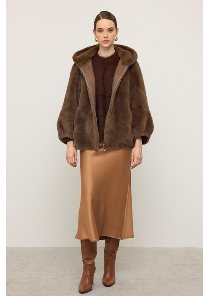 Kapüşonlu Fermuar Kapamalı Kürk Görünümlü Exclusive Ceket Kahve 1009 fırsatları