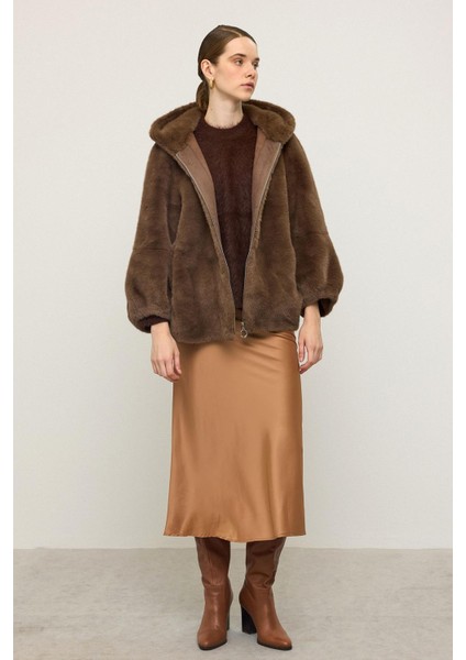 Kapüşonlu Fermuar Kapamalı Kürk Görünümlü Exclusive Ceket Kahve 1009
