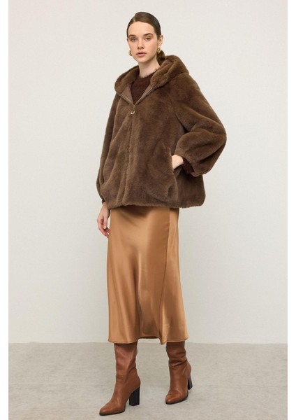 Kapüşonlu Fermuar Kapamalı Kürk Görünümlü Exclusive Ceket Kahve 1009
