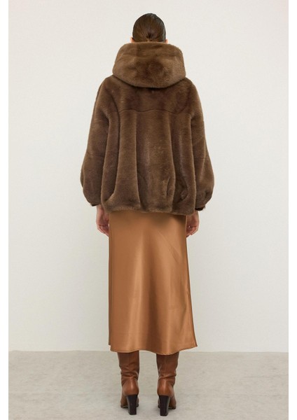 Kapüşonlu Fermuar Kapamalı Kürk Görünümlü Exclusive Ceket Kahve 1009