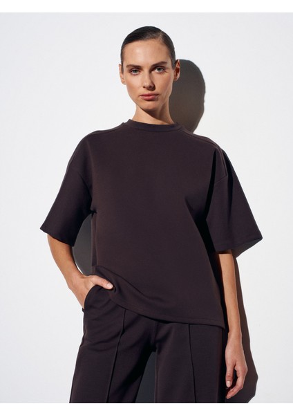 31975 Kısa Kollu Oversize T-Shirt-Koyu Kahve