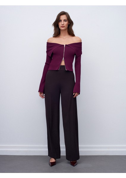 7535 Yanı Fermuarlı Bol Paça Pantolon-Koyu Kahve