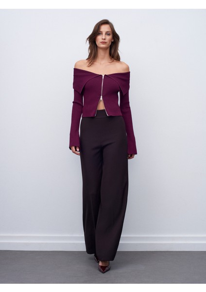 7535 Yanı Fermuarlı Bol Paça Pantolon-Koyu Kahve modelleri