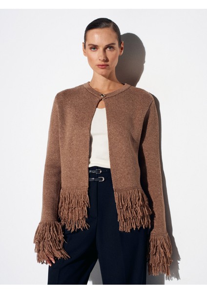 60993 Kolu Püsküllü Triko Hırka-Vizon