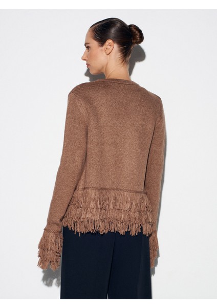 60993 Kolu Püsküllü Triko Hırka-Vizon fiyatları