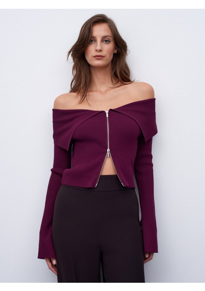 60252 Fermuarlı Fitilli Triko Top-Bordo