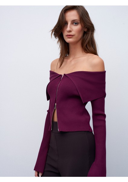 60252 Fermuarlı Fitilli Triko Top-Bordo modelleri