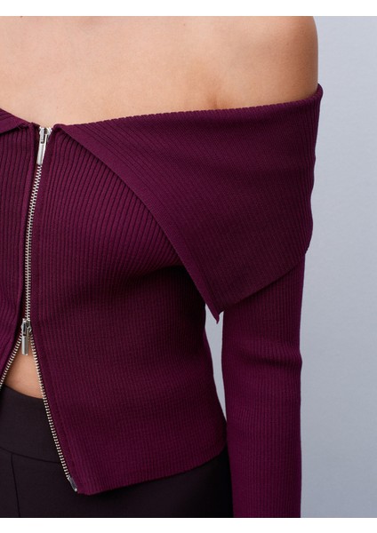 60252 Fermuarlı Fitilli Triko Top-Bordo fırsatları