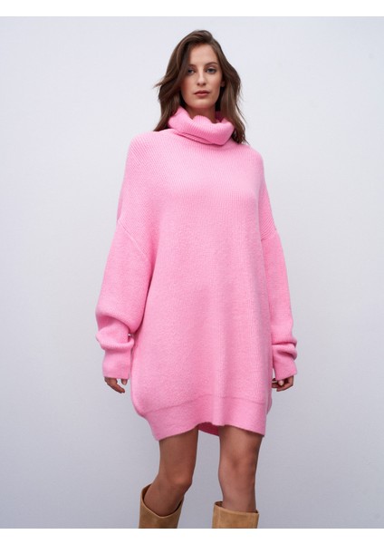 2268 Balıkçı Yaka Oversize Kazak-Açık Pembe modelleri