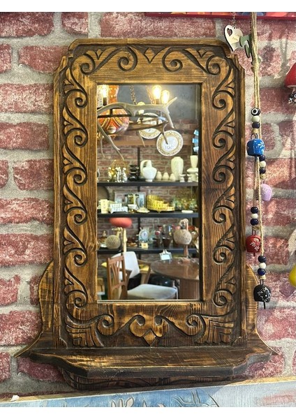 El Oyması Çam Ağacı Doğal Ahşap Duvar Aynası