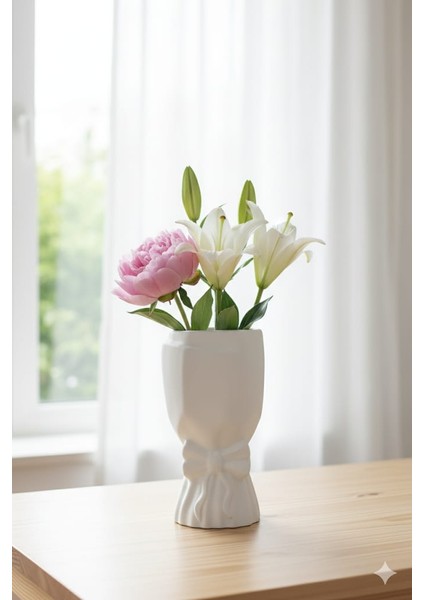 Büyük Buket Vazo -Çiçeklik Dekoratif Fiyonklu Vazo - Beyaz - 20 cm fiyatları