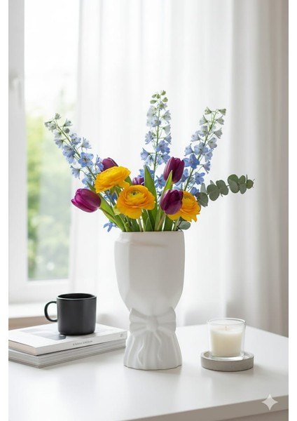 Büyük Buket Vazo -Çiçeklik Dekoratif Fiyonklu Vazo - Beyaz - 20 cm modelleri