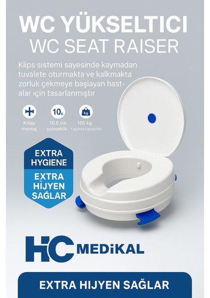 Wc Yükseltici Hasta Klozeti Kapaklı Tuvalet Oturağı 11 cm | Kaymaz Klipsli, Hijyenik ve Kolay Montajlı