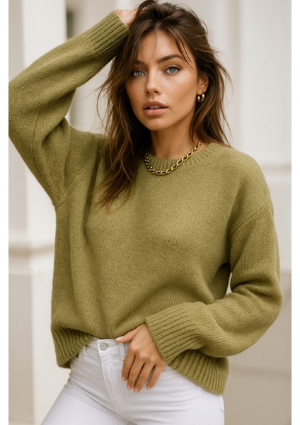 Kadın Yeşil Oversize Bisiklet Yaka Triko Kazak