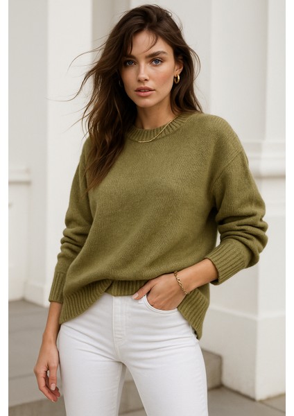 Kadın Yeşil Oversize Bisiklet Yaka Triko Kazak fiyatları