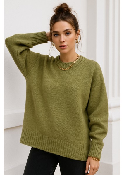 Kadın Yeşil Oversize Bisiklet Yaka Triko Kazak modelleri