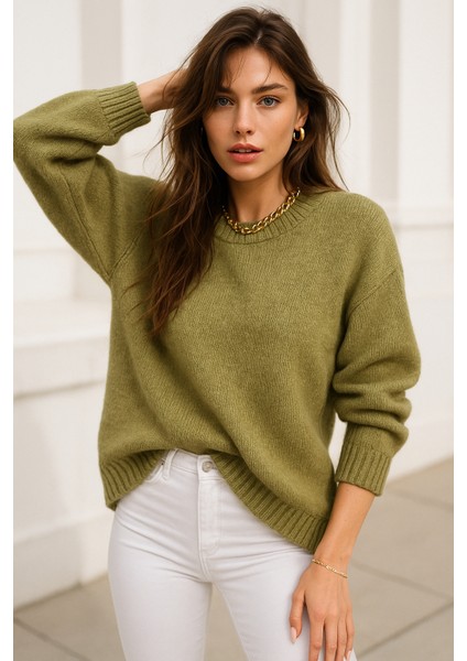 Kadın Yeşil Oversize Bisiklet Yaka Triko Kazak fırsatları