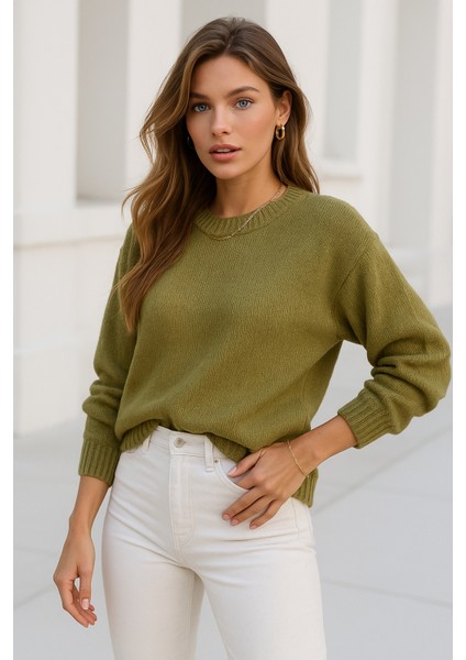 Kadın Yeşil Oversize Bisiklet Yaka Triko Kazak indirimleri