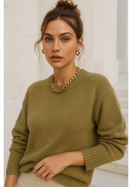 Kadın Yeşil Oversize Bisiklet Yaka Triko Kazak