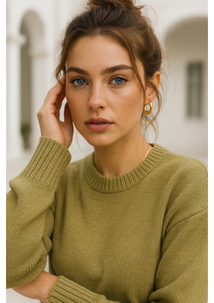 Kadın Yeşil Oversize Bisiklet Yaka Triko Kazak