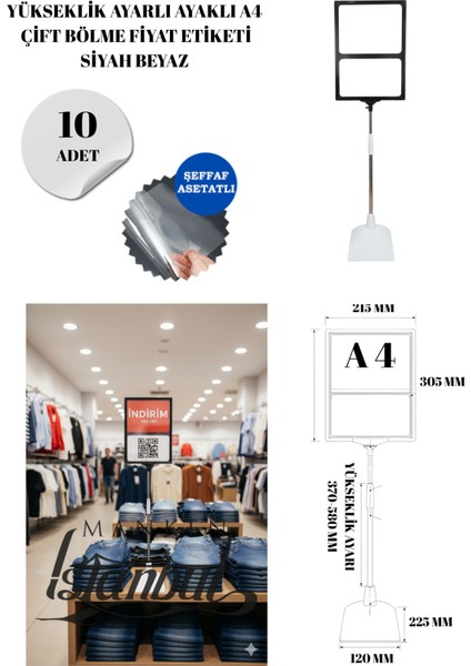 10 Adet Siyah Beyaz A4 Yükseklik Ayarlı Çift Bölme Ayaklı Fıyat Etiketi Çerçeveli Fıyat Etiketi
