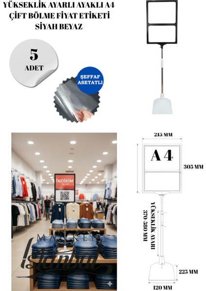 5 Adet Siyah Beyaz A4 Yükseklik Ayarlı Çift Bölme Ayaklı Fıyat Etiketi Çerçeveli Fıyat Etiketi