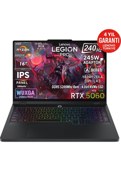 Legion Pro 5 16ADR10 Amd Ryzen 9 8940HX 32GB 1TB SSD RTX 5060 8GB (115W) 16" WQXGA (2560X1600) 240Hz 2K IPS Panel Freedos Taşınabilir Bilgisayar 83LT005RTR