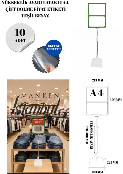 10 Adet Yeşil Beyaz A4 Yükseklik Ayarlı Çift Bölme Ayaklı Fıyat Etiketi Çerçeveli Fıyat Etiketi