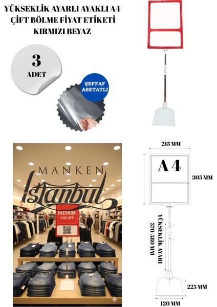3 Adet Kırmızı Beyaz A4 Yükseklik Ayarlı Çift Bölme Ayaklı Fıyat Etiketi Çerçeveli Fıyat Etiketi