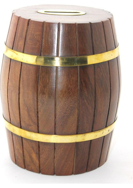 Pirinç Ahşap Fıçı Kumbara 15 cm