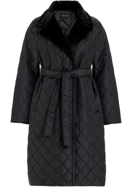 Peluş Garnili Çıt Çıt Kapamalı Kruvaze Kapitone Mont Siyah 6787