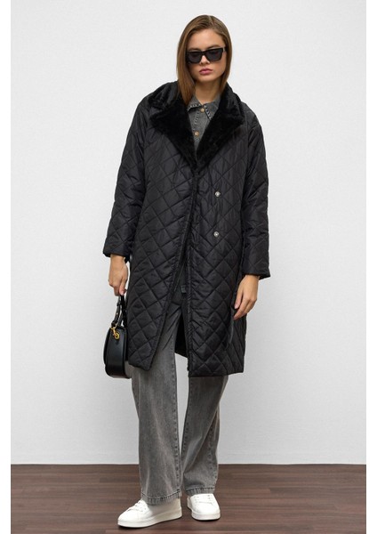 Peluş Garnili Çıt Çıt Kapamalı Kruvaze Kapitone Mont Siyah 6787 fiyatları