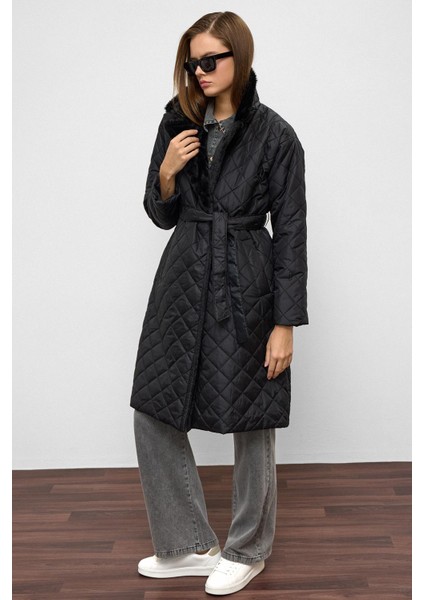 Peluş Garnili Çıt Çıt Kapamalı Kruvaze Kapitone Mont Siyah 6787 indirimleri