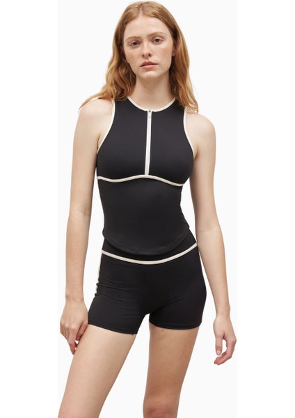 Base Contrast Trim Sleeveless Zip Up Şekillendirici Fermuarlı Kadın Üst