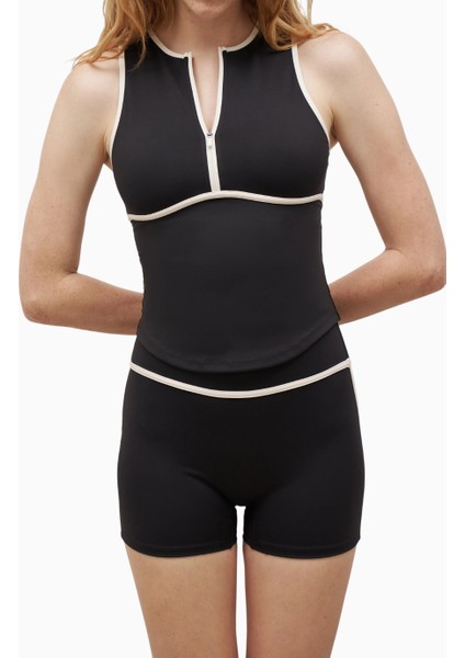 Base Contrast Trim Sleeveless Zip Up Şekillendirici Fermuarlı Kadın Üst