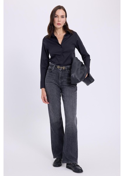 Kadın Slim Fit Dar Kesim Klasik Yaka Uzun Kollu Siyah Gömlek fırsatları