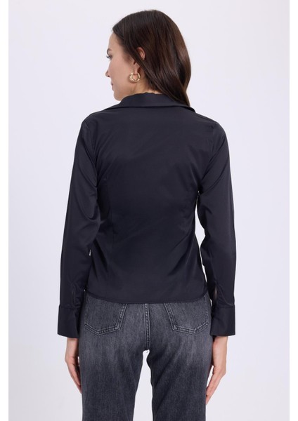Kadın Slim Fit Dar Kesim Klasik Yaka Uzun Kollu Siyah Gömlek