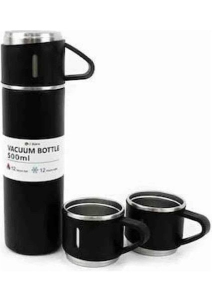 Techmrt Termos Paslanmaz Çelik Termos Siyah Renk 3 Bardaklı Termos Seti