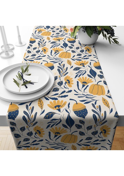 Dijital Baskılı Runner - Yaprak / Sonbahar / Kabak Desenli - 140X40 cm fiyatları