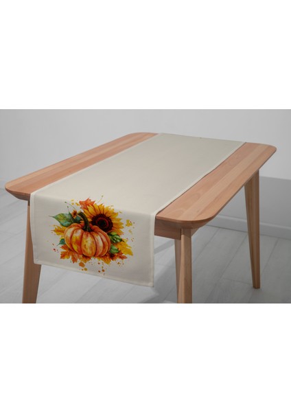 Dijital Baskılı Runner - Yaprak / Sonbahar / Kabak Desenli - 140X40 cm