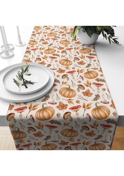 Dijital Baskılı Runner - Yaprak / Sonbahar / Kabak Desenli - 140X40 cm fiyatları