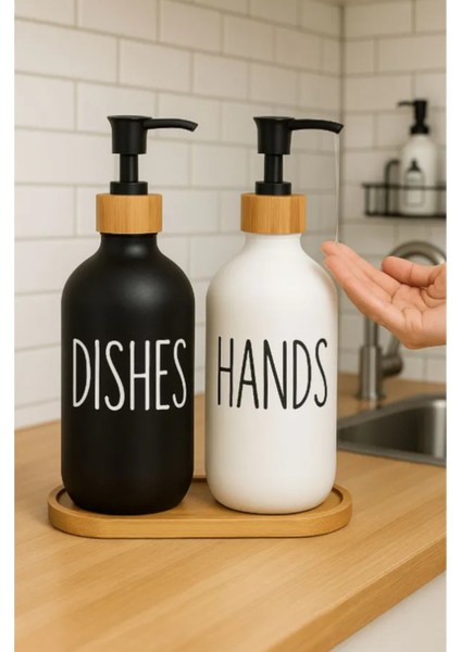 2li Siyah Beyaz Cam Sıvı Sabunluk 500ML - Bambu Stantlı