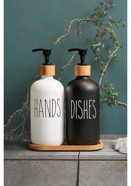 2li Siyah Beyaz Cam Sıvı Sabunluk 500ML - Bambu Stantlı fiyatları
