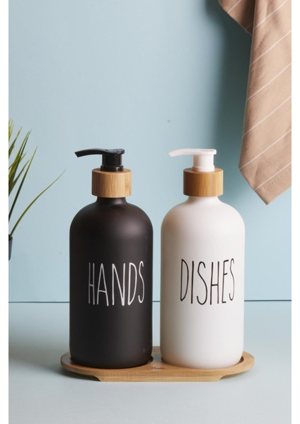 2li Siyah Beyaz Cam Sıvı Sabunluk 500ML - Bambu Stantlı modelleri