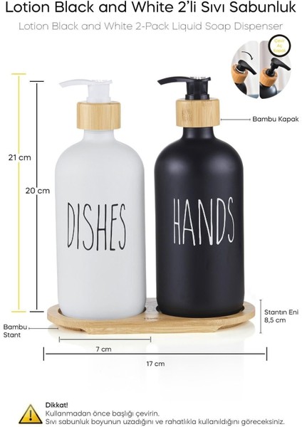 2li Siyah Beyaz Cam Sıvı Sabunluk 500ML - Bambu Stantlı fırsatları
